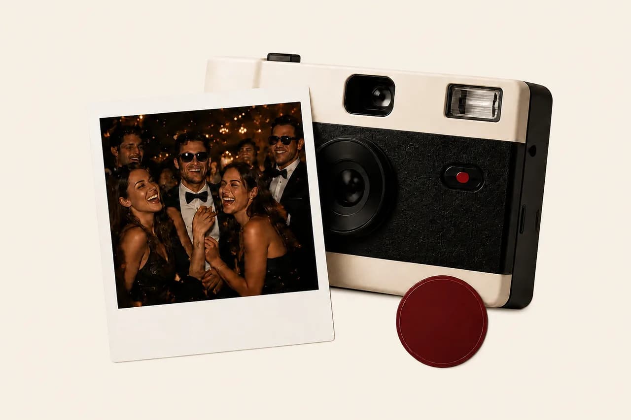Cámara desechable digital REVELA junto a una fotografía de invitados en una boda