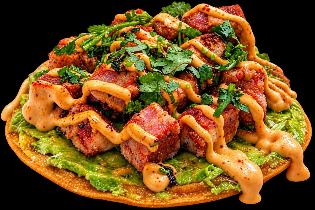Tostada especial de atún con aguacate y aderezo